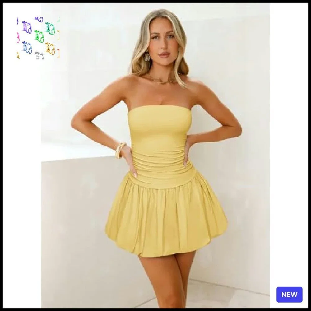 Tube Top Mini Bubble Dress Sleeveless Backless Sexy Bodycon Ruched Party - Picture 4 of 7